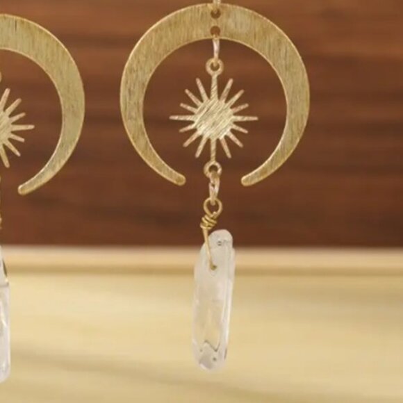 Vintage Boho Hippie Style Gold Plated Sun Moon Synthetic Crystal Dangle Earrings - Picture 2 of 2
